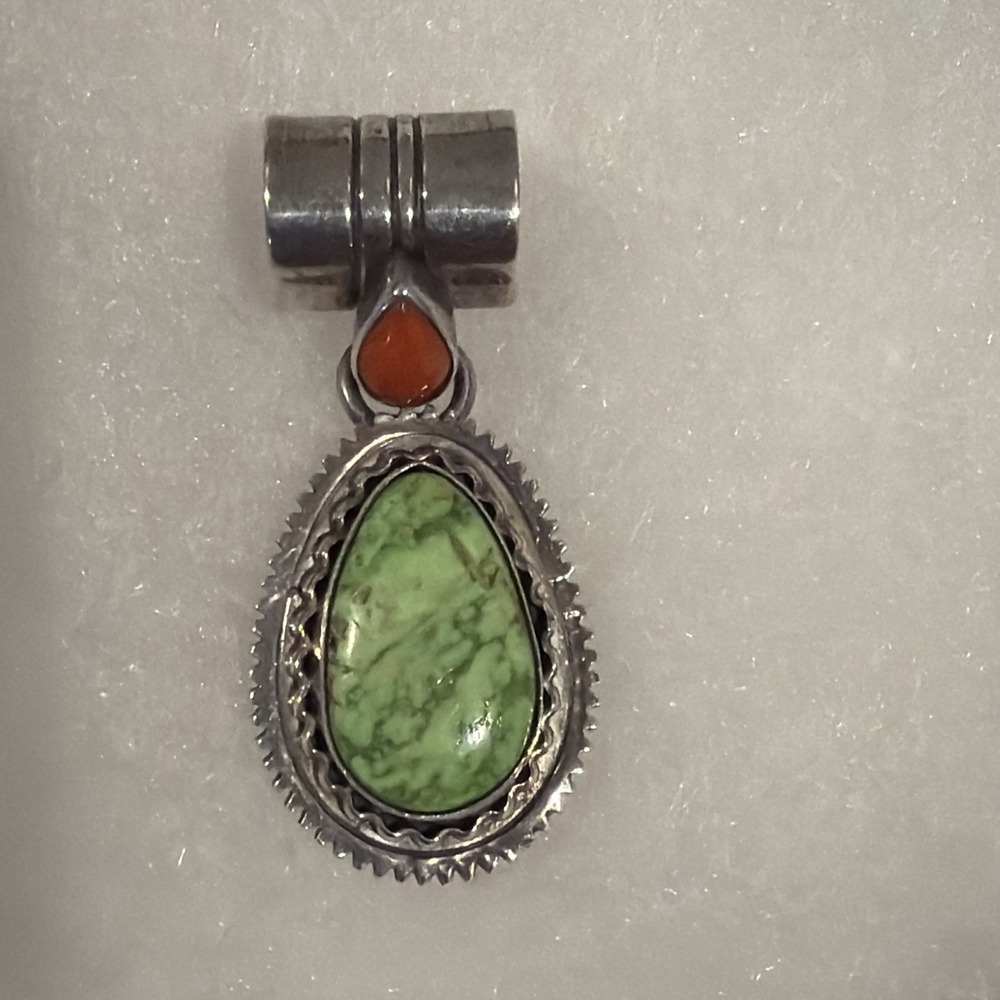Vtg Green Turquoise Red Coral Southwestern‎ Pendant Marked Sterling B